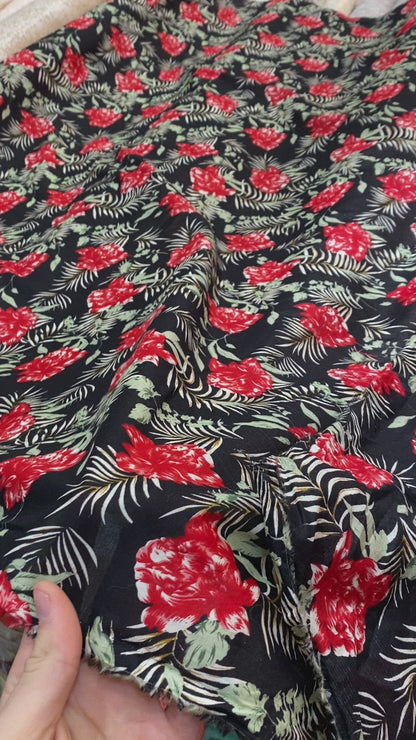 Black, Red, and Green Floral French Cotton Voile