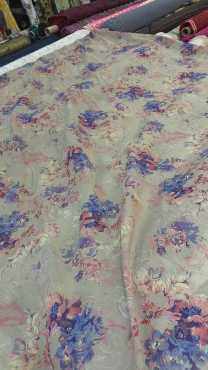 Taupe, Blue, Pink Floral Italian Cotton Voile