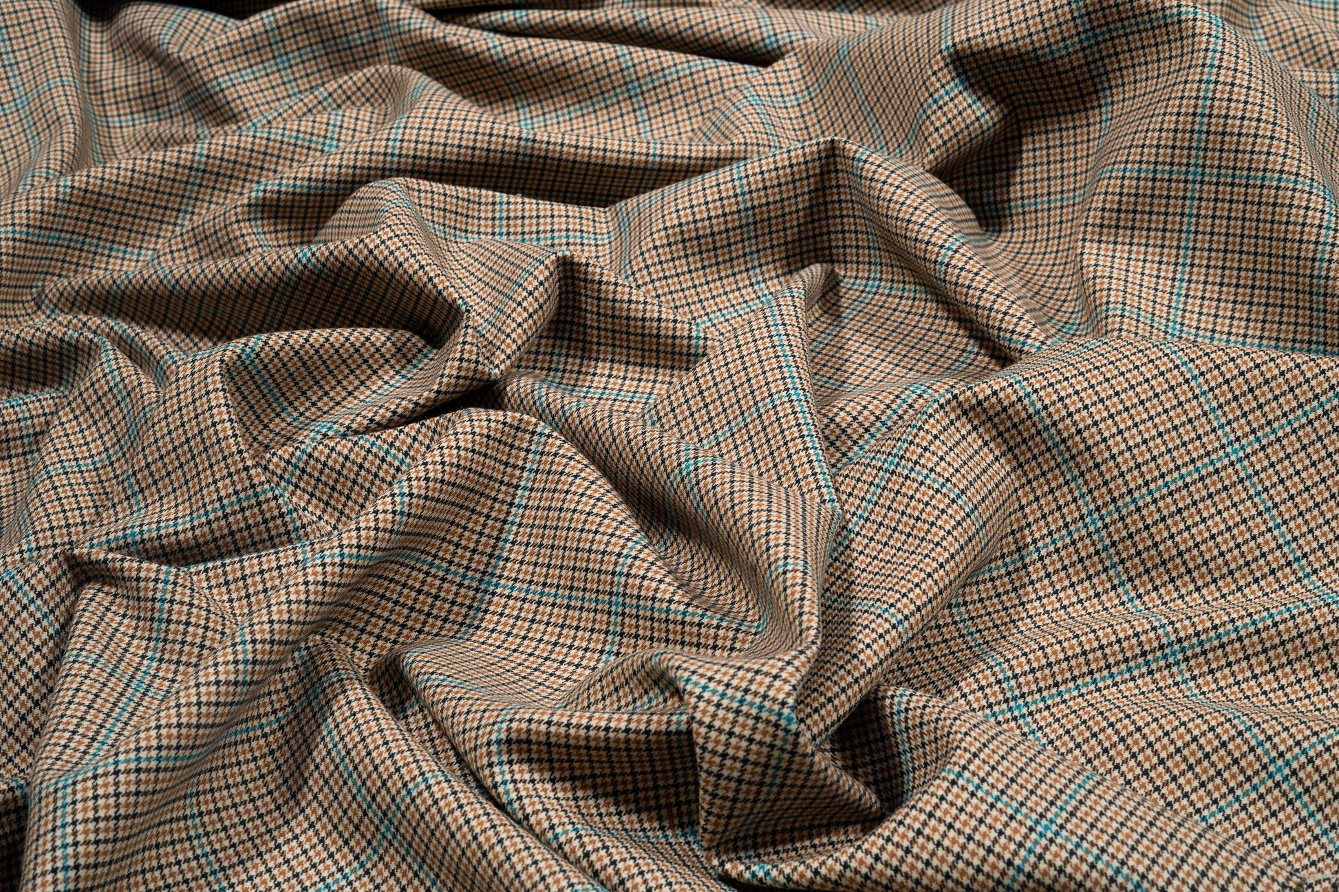 Tan and Teal Checked Italian Stretch Wool Suiting - Prime Fabrics