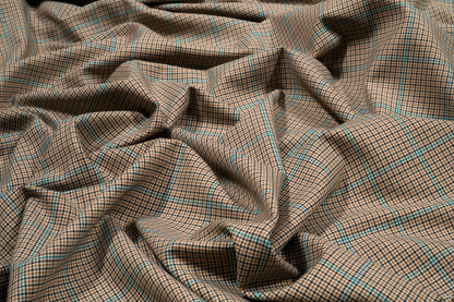 Tan and Teal Checked Italian Stretch Wool Suiting - Prime Fabrics