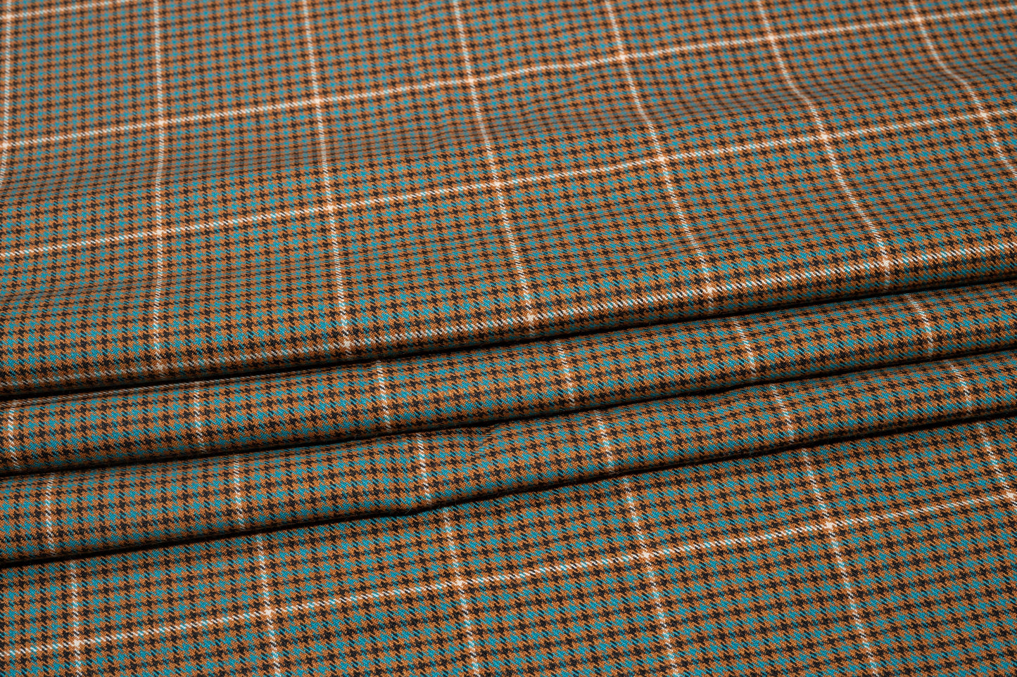 Brown and Teal Checked Italian Stretch Wool Suiting - Prime Fabrics