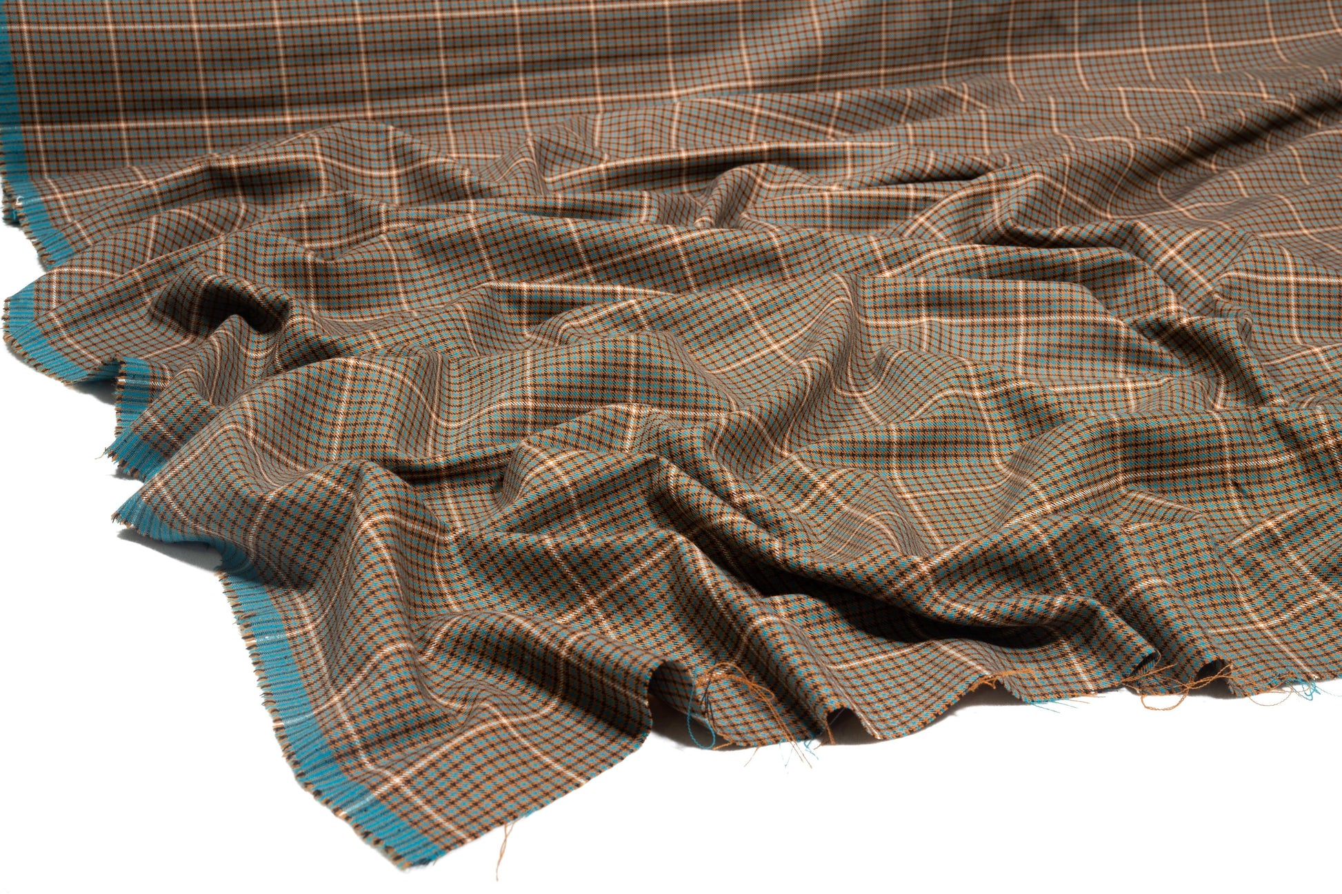 Brown and Teal Checked Italian Stretch Wool Suiting - Prime Fabrics