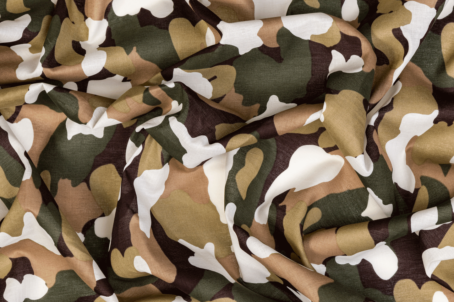 Camouflage Printed Cotton Voile - Khaki, White - Prime Fabrics