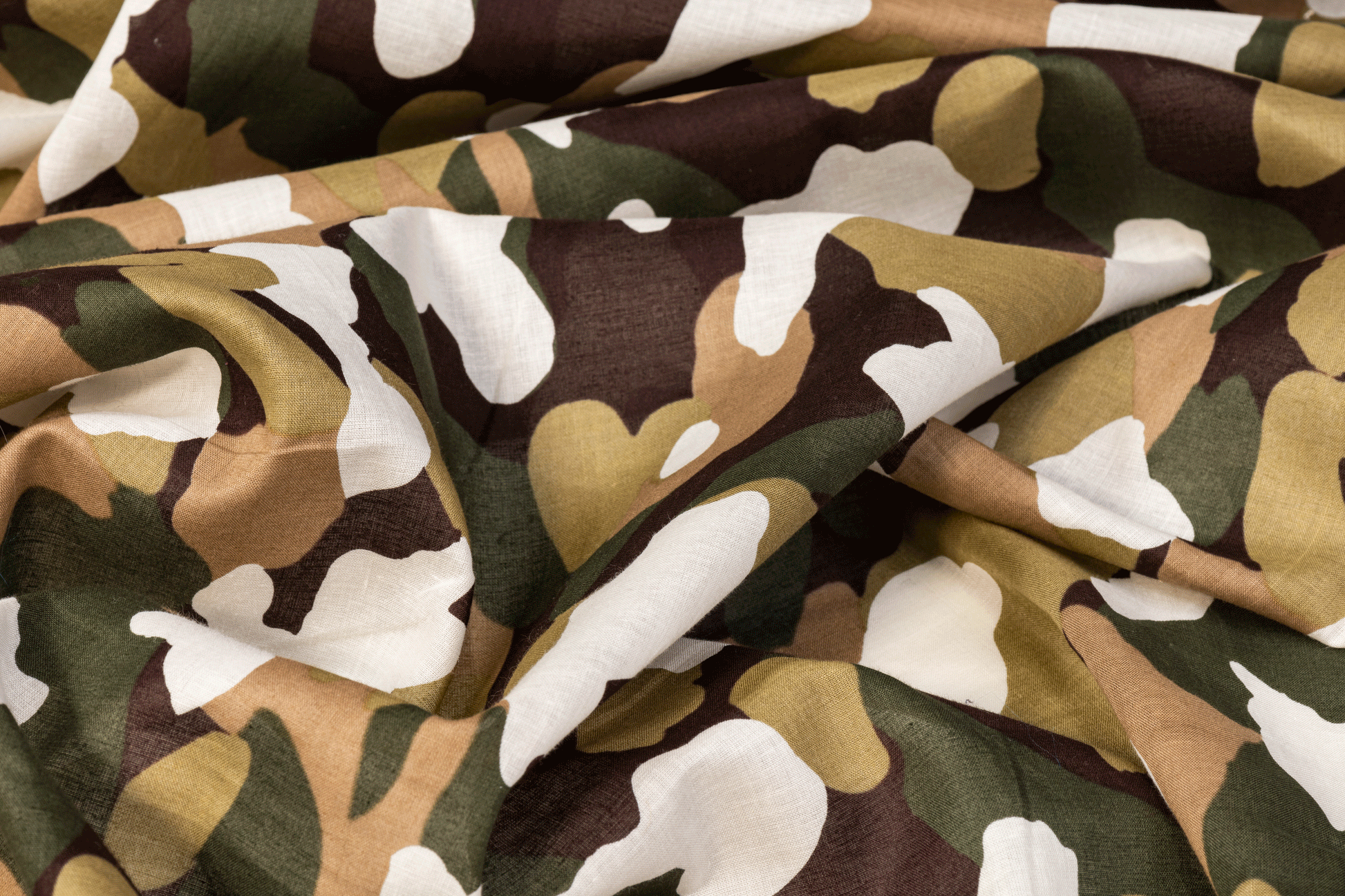 Camouflage Printed Cotton Voile - Khaki, White - Prime Fabrics