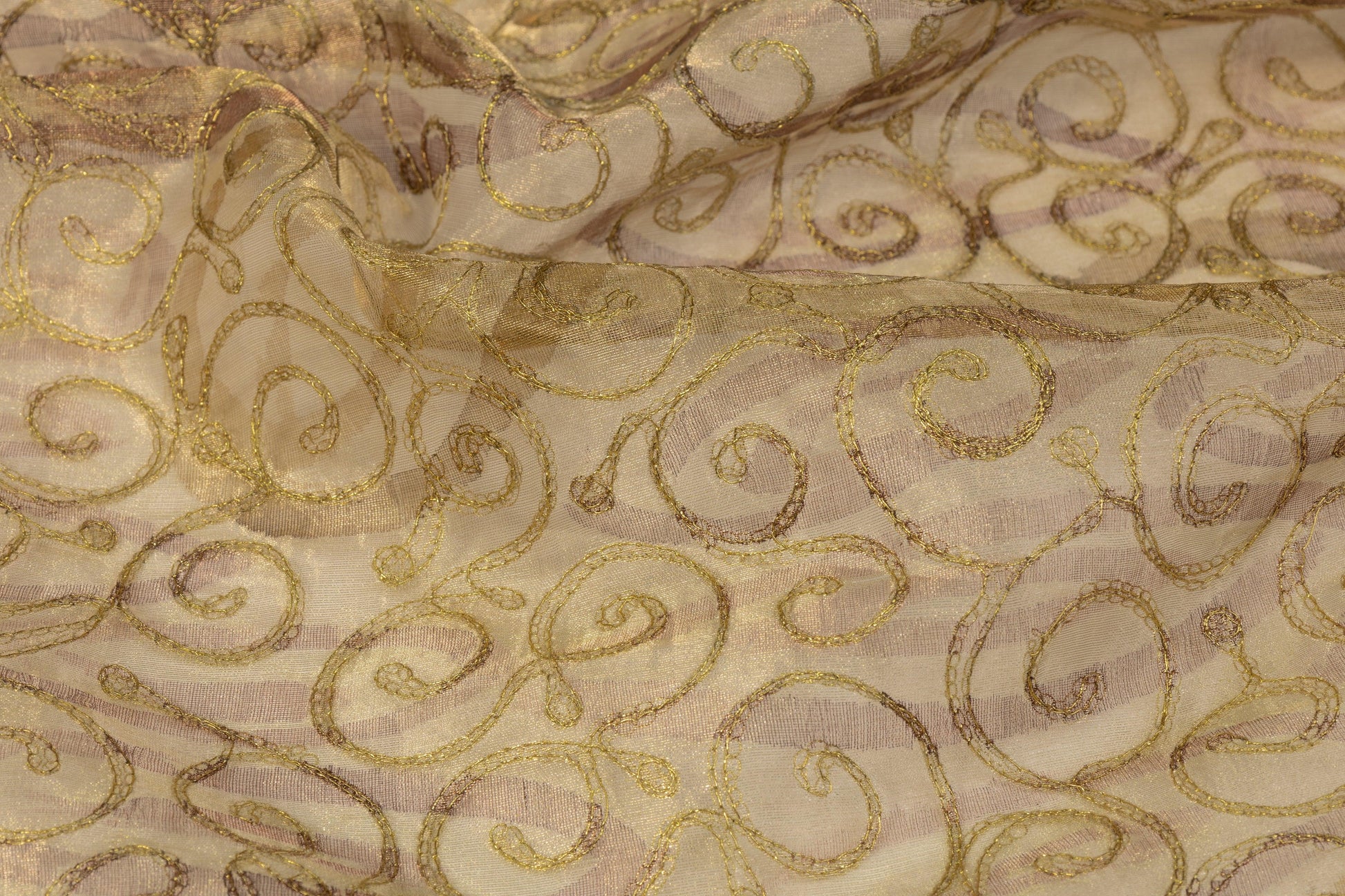 Metallic Embroidered Silk Organza - Khaki - Prime Fabrics
