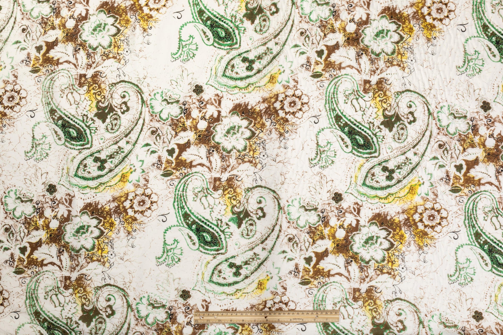 Paisley Floral Cotton Voile - White, Green, Brown, Yellow - Prime Fabrics