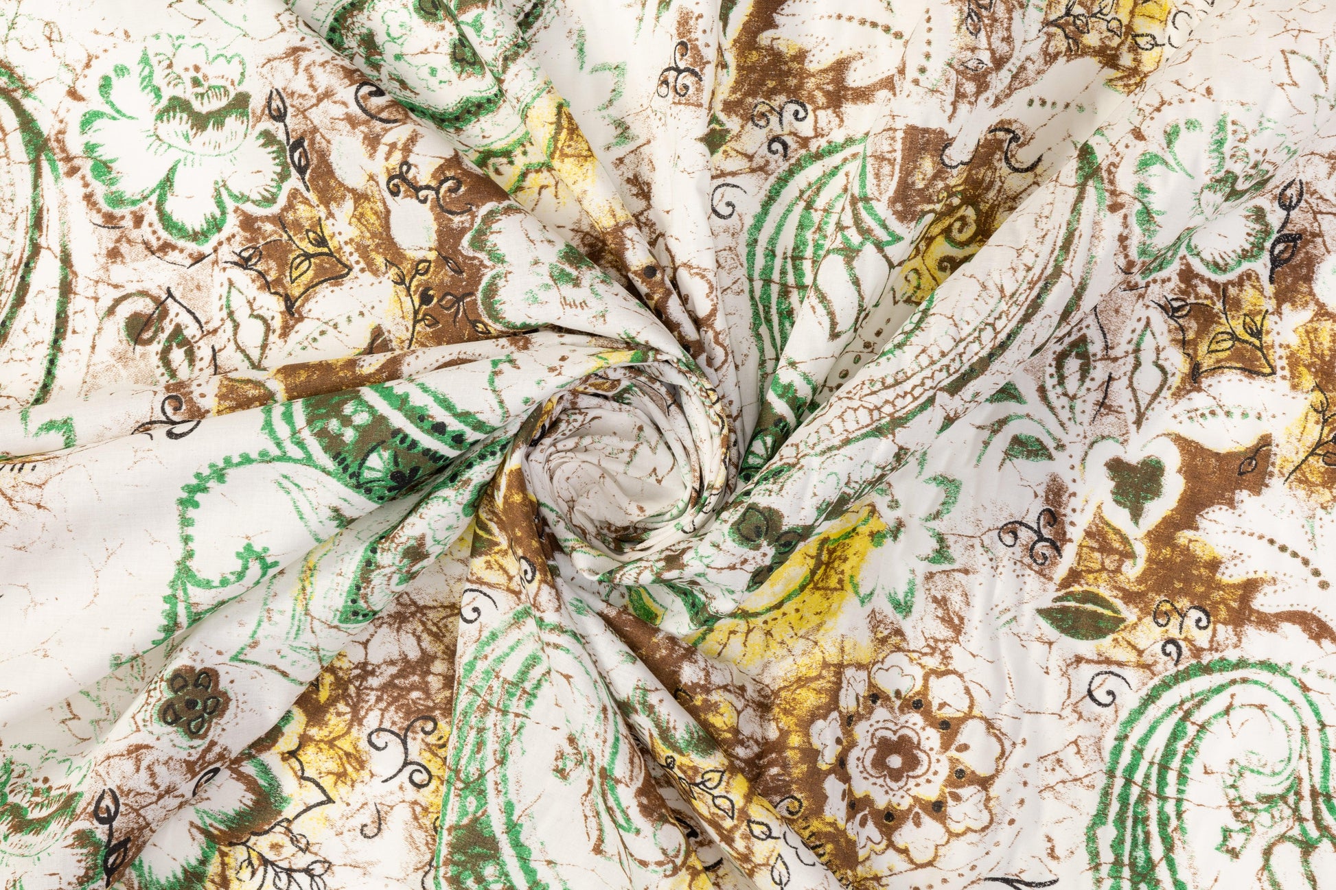 Paisley Floral Cotton Voile - White, Green, Brown, Yellow - Prime Fabrics
