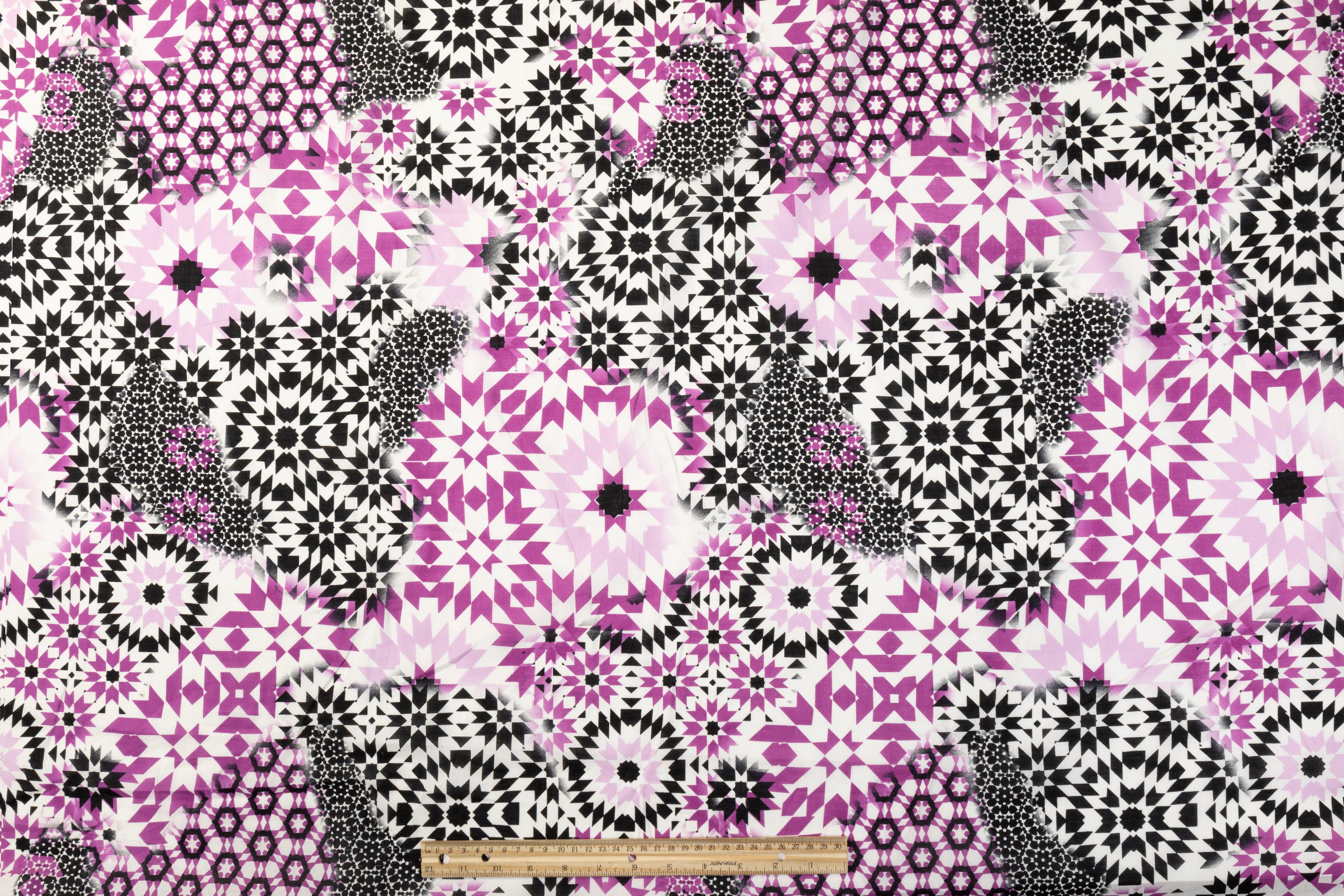 Kaleidoscope Printed Cotton Voile - Magenta, Black, White - Prime Fabrics