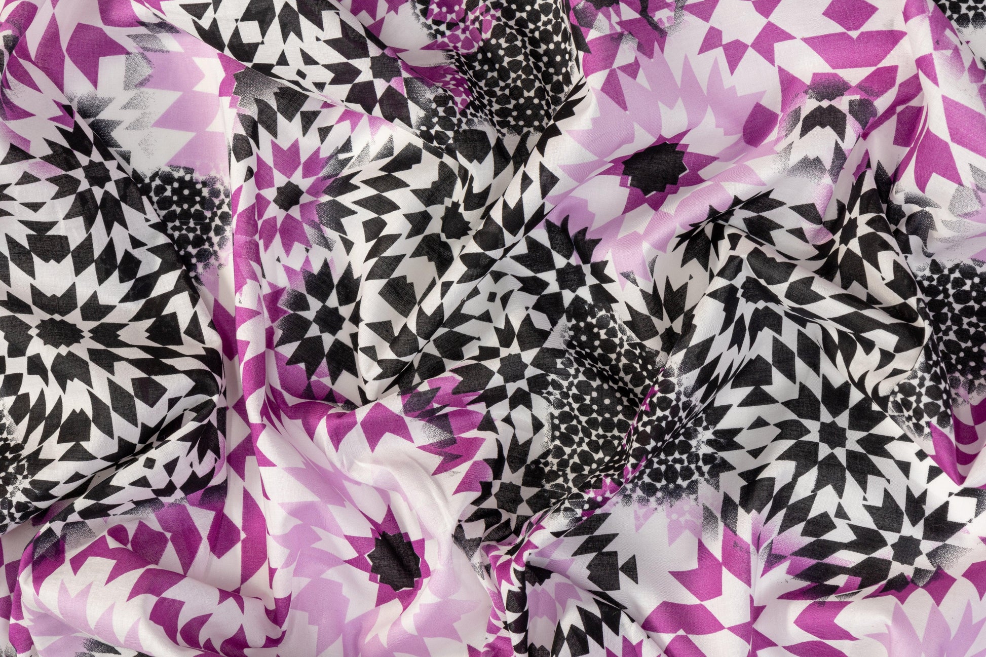 Kaleidoscope Printed Cotton Voile - Magenta, Black, White - Prime Fabrics