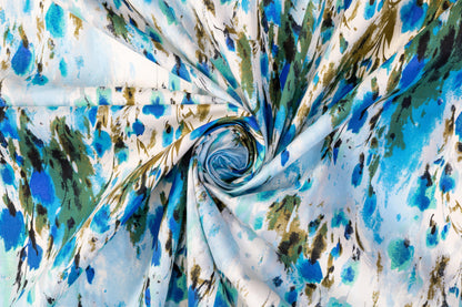 Abstract Watercolor Printed Cotton - Blue, Green, White - Prime Fabrics