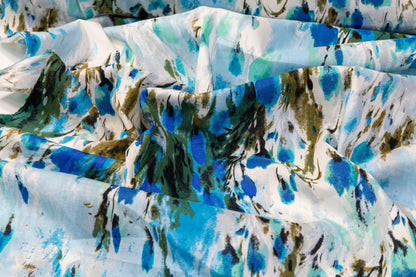 Abstract Watercolor Printed Cotton - Blue, Green, White - Prime Fabrics