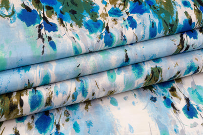 Abstract Watercolor Printed Cotton - Blue, Green, White - Prime Fabrics