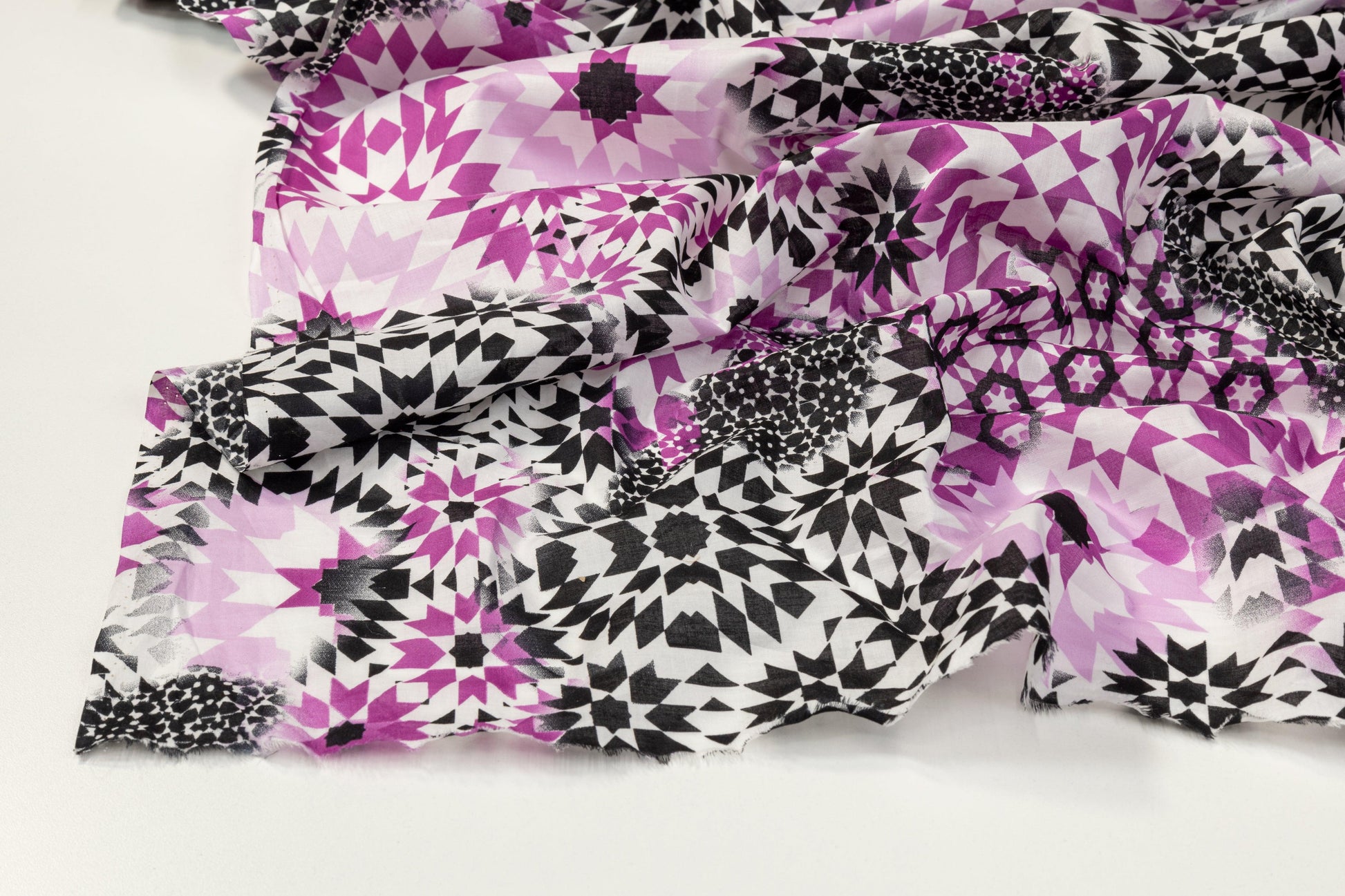 Kaleidoscope Printed Cotton Voile - Magenta, Black, White - Prime Fabrics