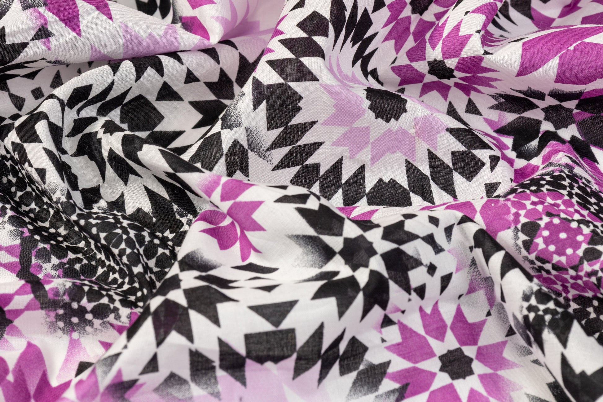 Kaleidoscope Printed Cotton Voile - Magenta, Black, White - Prime Fabrics
