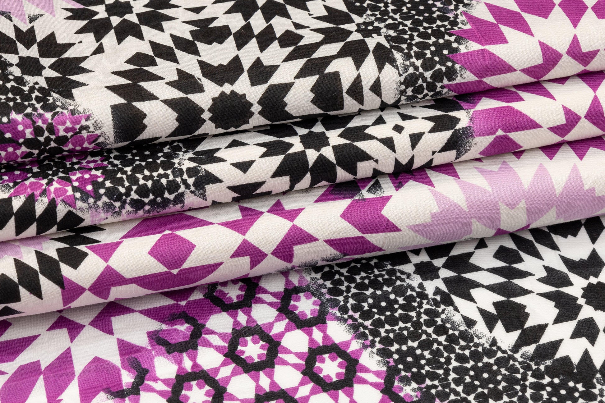 Kaleidoscope Printed Cotton Voile - Magenta, Black, White - Prime Fabrics