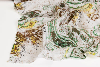 Paisley Floral Cotton Voile - White, Green, Brown, Yellow - Prime Fabrics