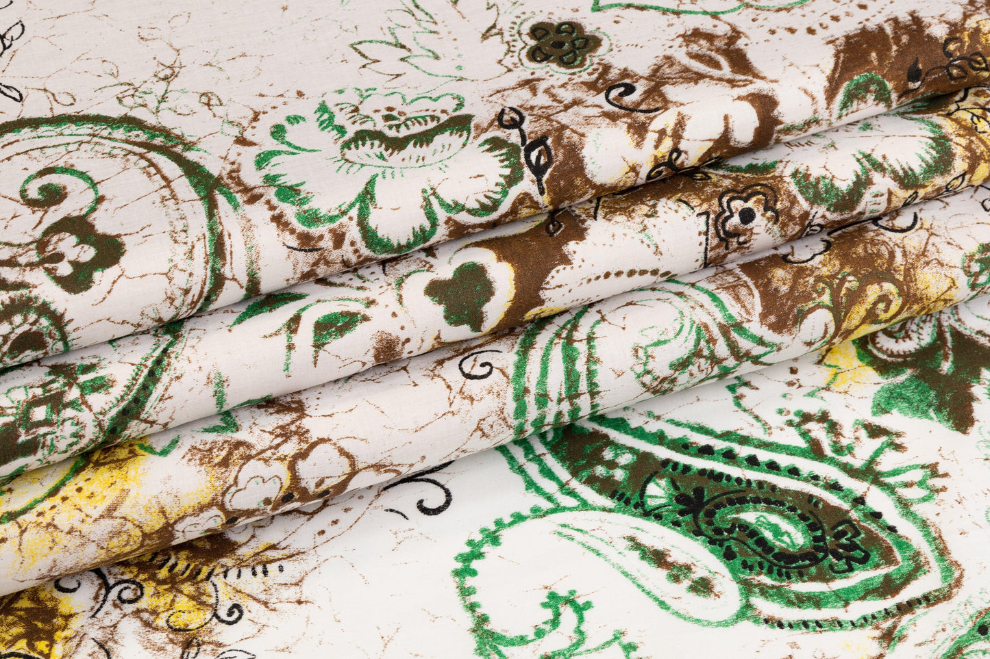 Paisley Floral Cotton Voile - White, Green, Brown, Yellow - Prime Fabrics