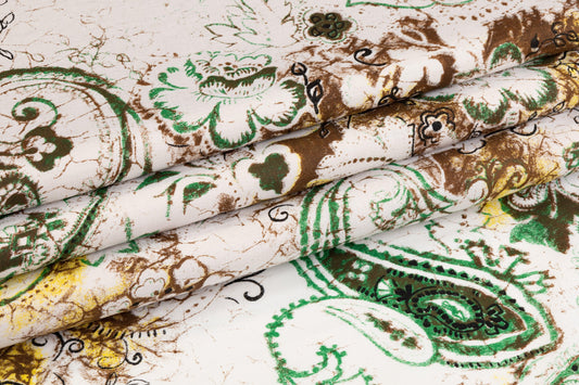 Paisley Floral Cotton Voile - White, Green, Brown, Yellow - Prime Fabrics