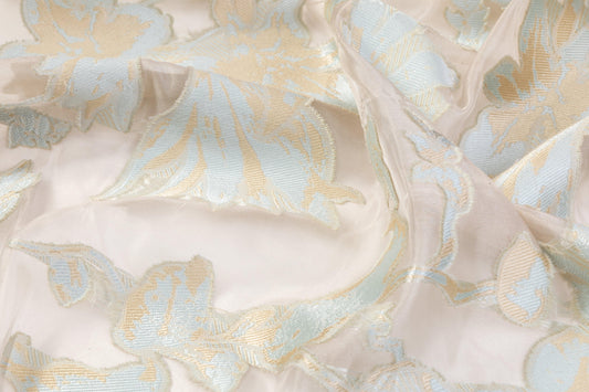 Floral Organza Burnout - Off White, Blue, Gold - Prime Fabrics