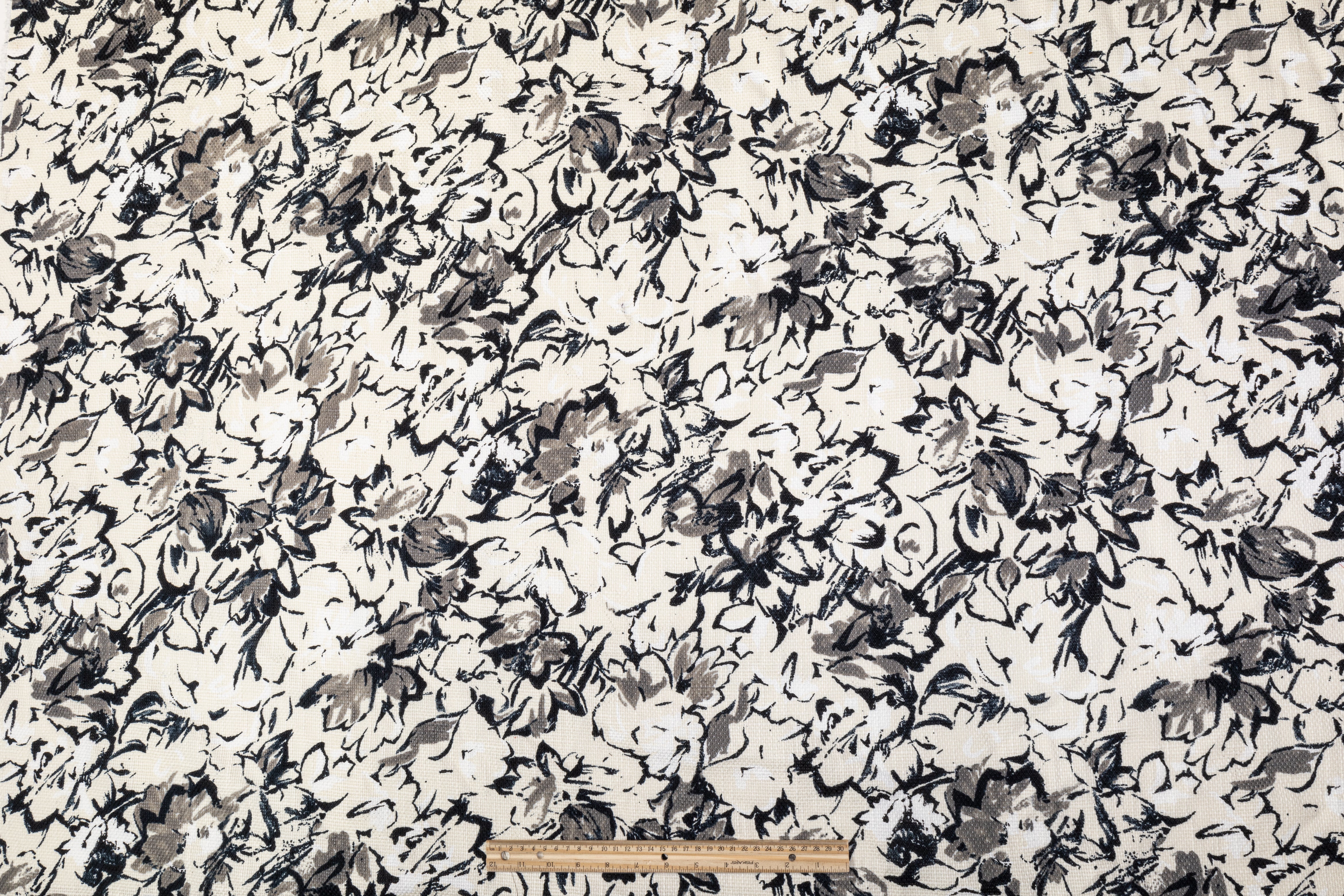 Floral Printed Cotton Tweed - Navy, Gray, Off White