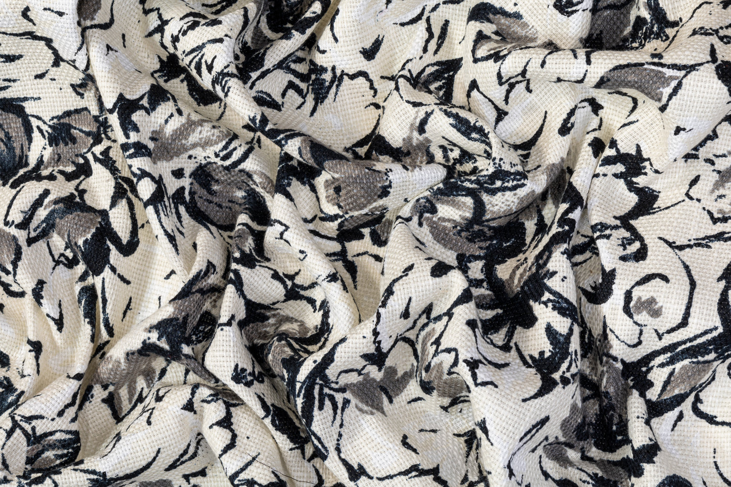 Floral Printed Cotton Tweed - Navy, Gray, Off White