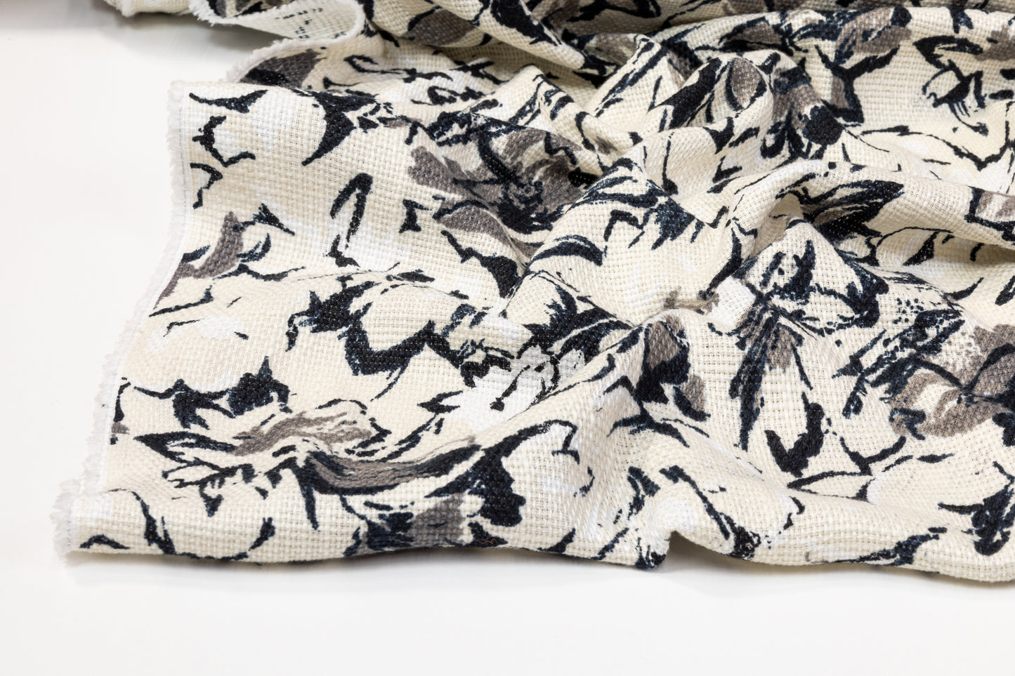 Floral Printed Cotton Tweed - Navy, Gray, Off White