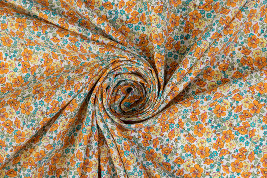 Textured Ditsy Floral Italian Cotton - Blue, Orange, Yellow