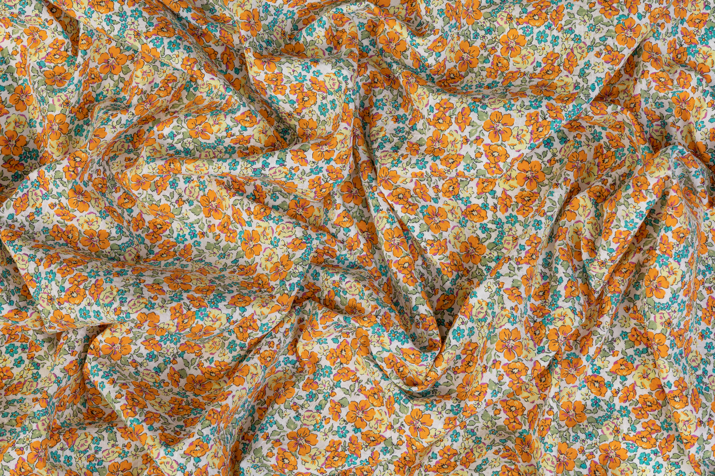 Textured Ditsy Floral Italian Cotton - Blue, Orange, Yellow