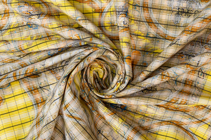 Printed Italian Viscose Faille - Yellow / Burned Orange / Blue / Khaki