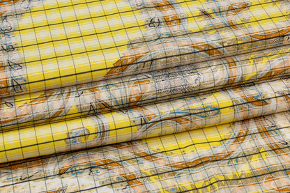 Printed Italian Viscose Faille - Yellow / Burned Orange / Blue / Khaki