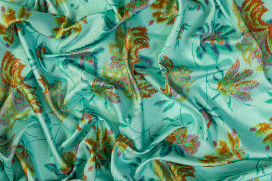 Floral Printed Polyester Shantung - Teal / Multicolor