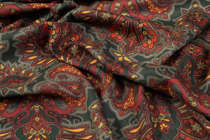 Printed Viscose Challis - Maroon, Khaki Green, Yellow