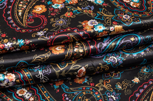 Paisley Floral Polyester Charmeuse - Black / Multicolor