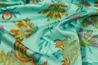 Floral Printed Polyester Shantung - Teal / Multicolor