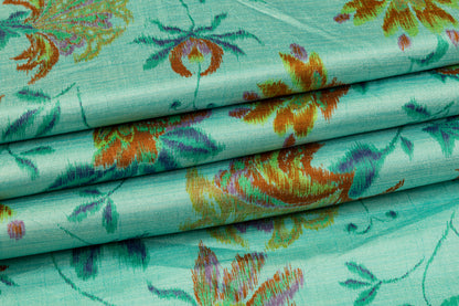 Floral Printed Polyester Shantung - Teal / Multicolor