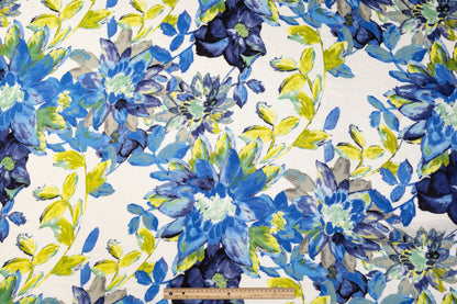 Floral Linen - Blue, White, Lime