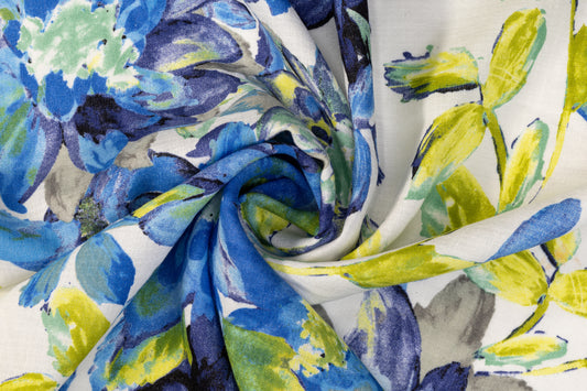 Floral Linen - Blue, White, Lime