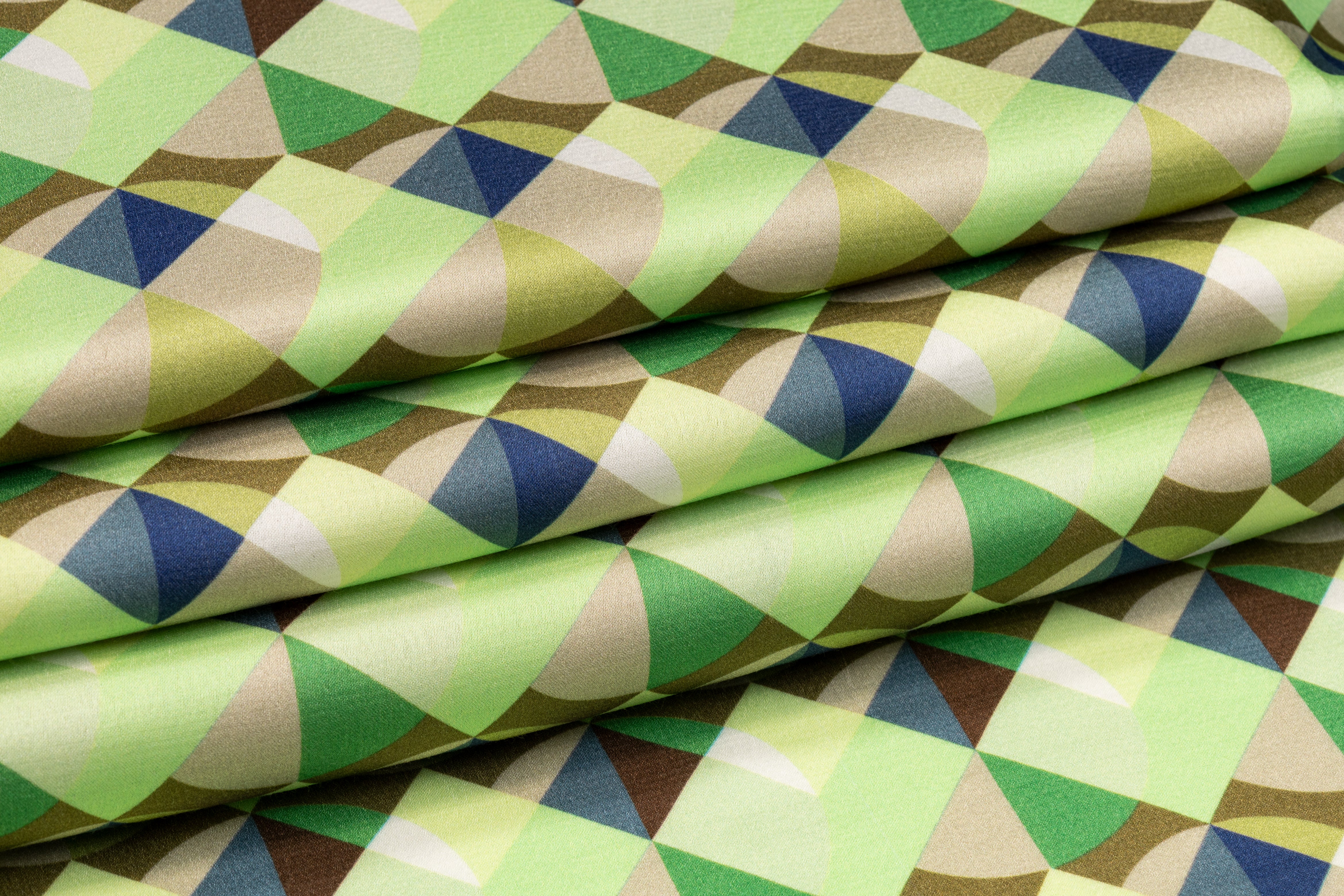 Geometric Italian Viscose Charmeuse - Green, Blue, Khaki