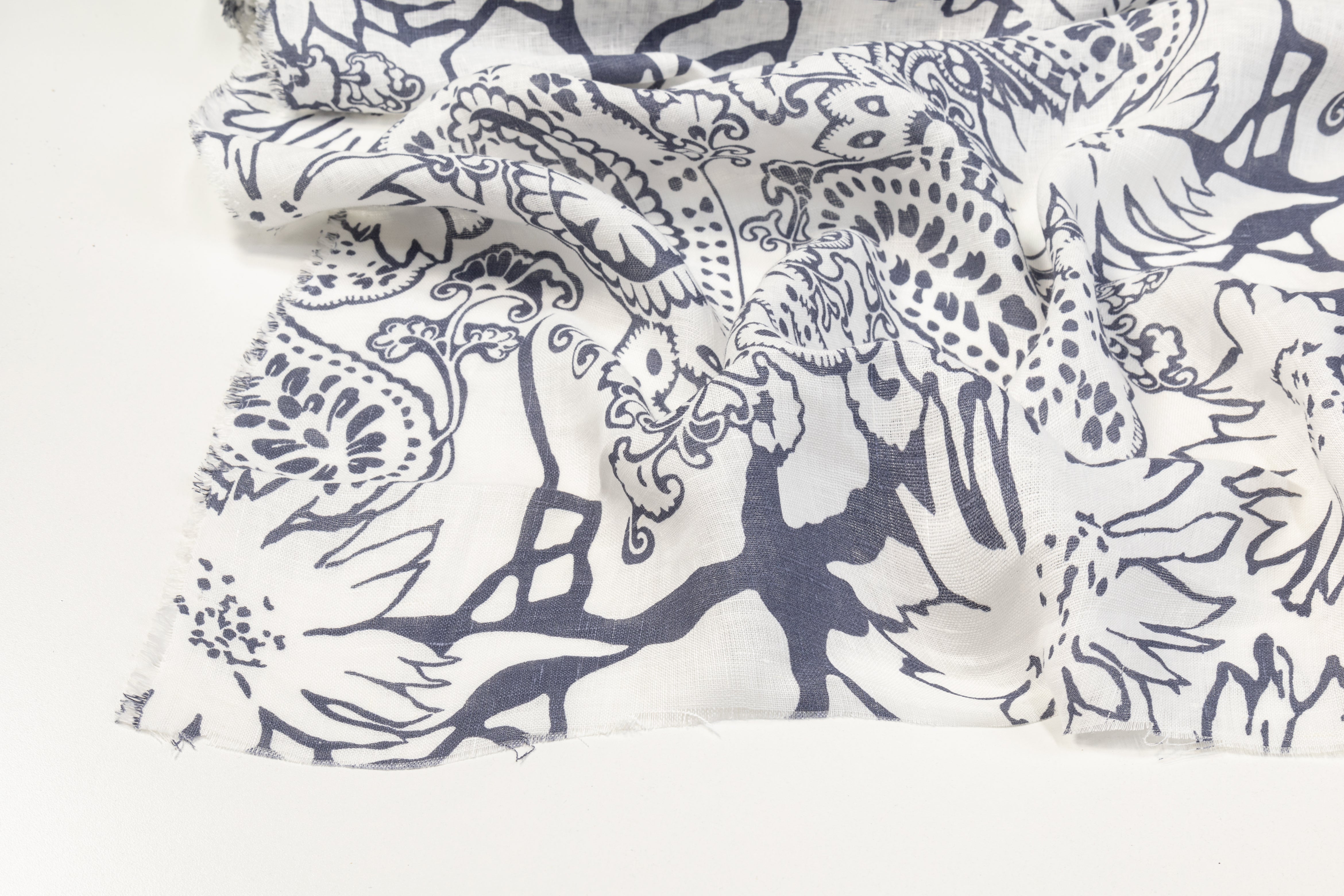 Floral Paisley Italian Linen - White and Blue