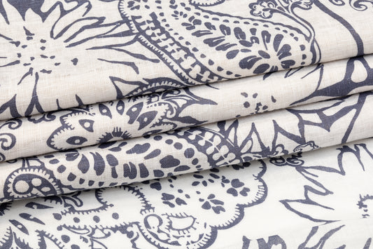 Floral Paisley Italian Linen - White and Blue