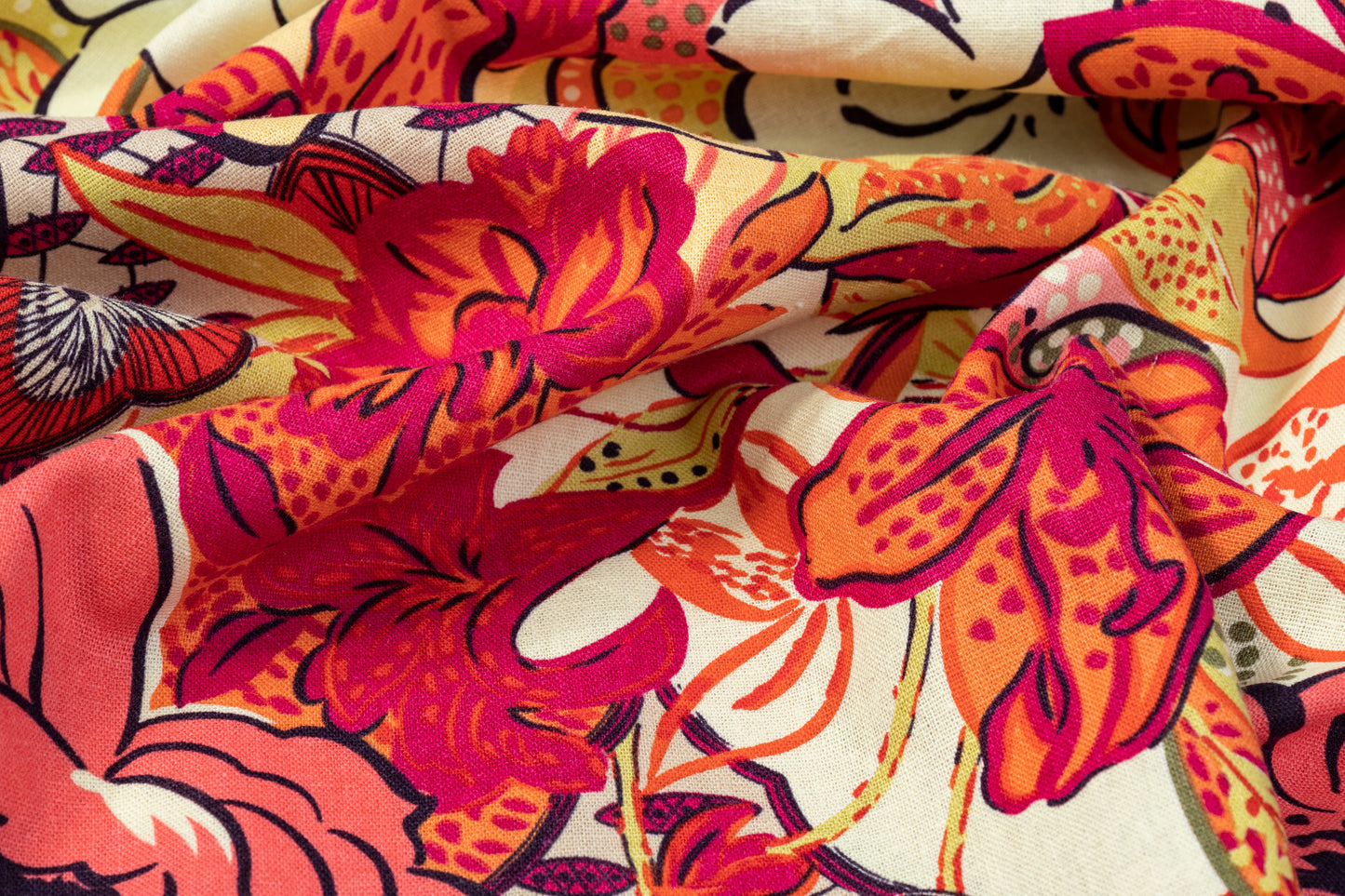 Floral Cotton and Linen Blend - Red, Orange, Yellow