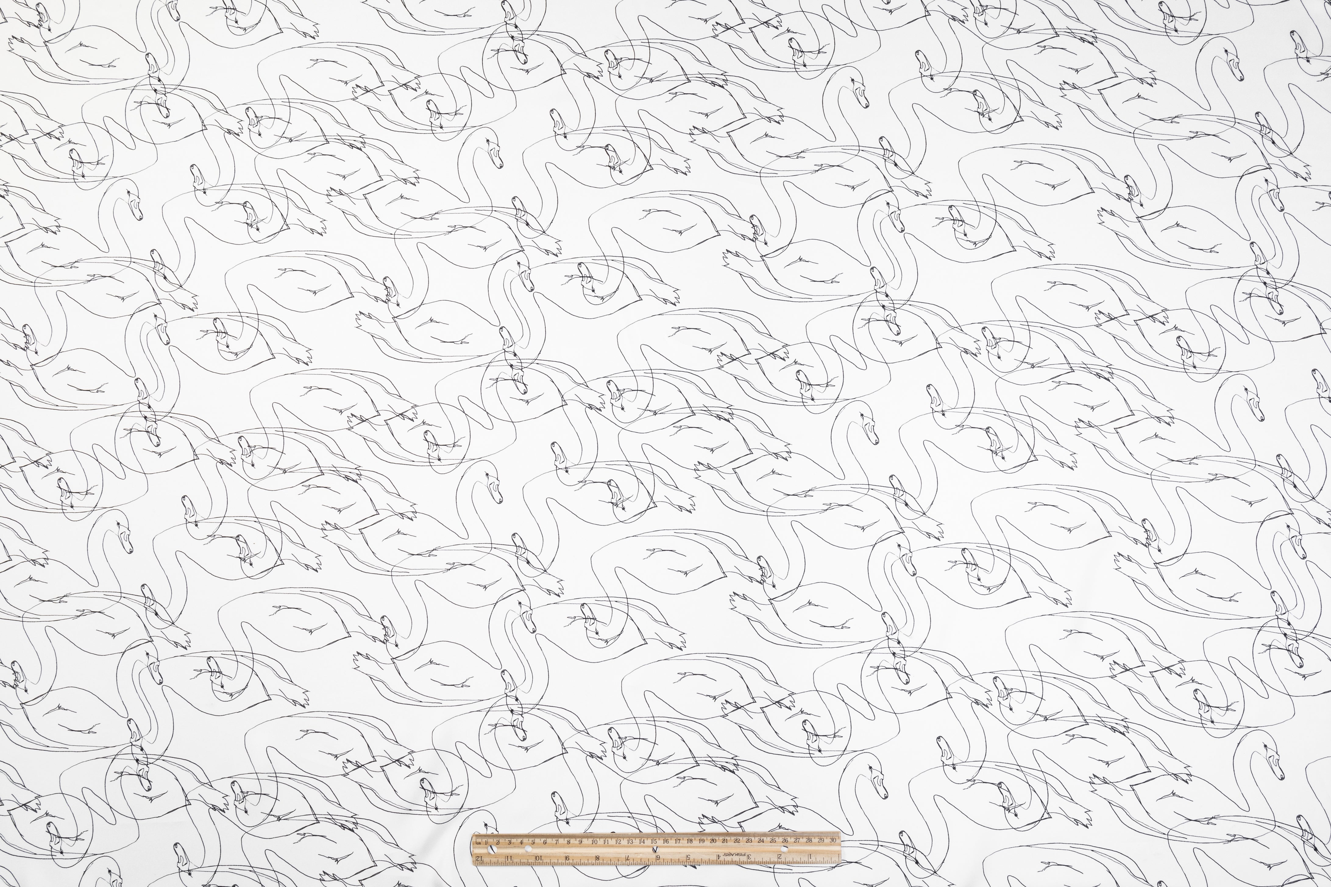 Swan Print Italian Silk Twill - White and Black