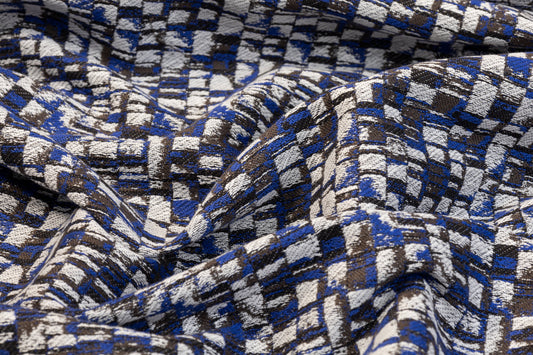 Italian Cotton Viscose Brocade - Blue, White, Black