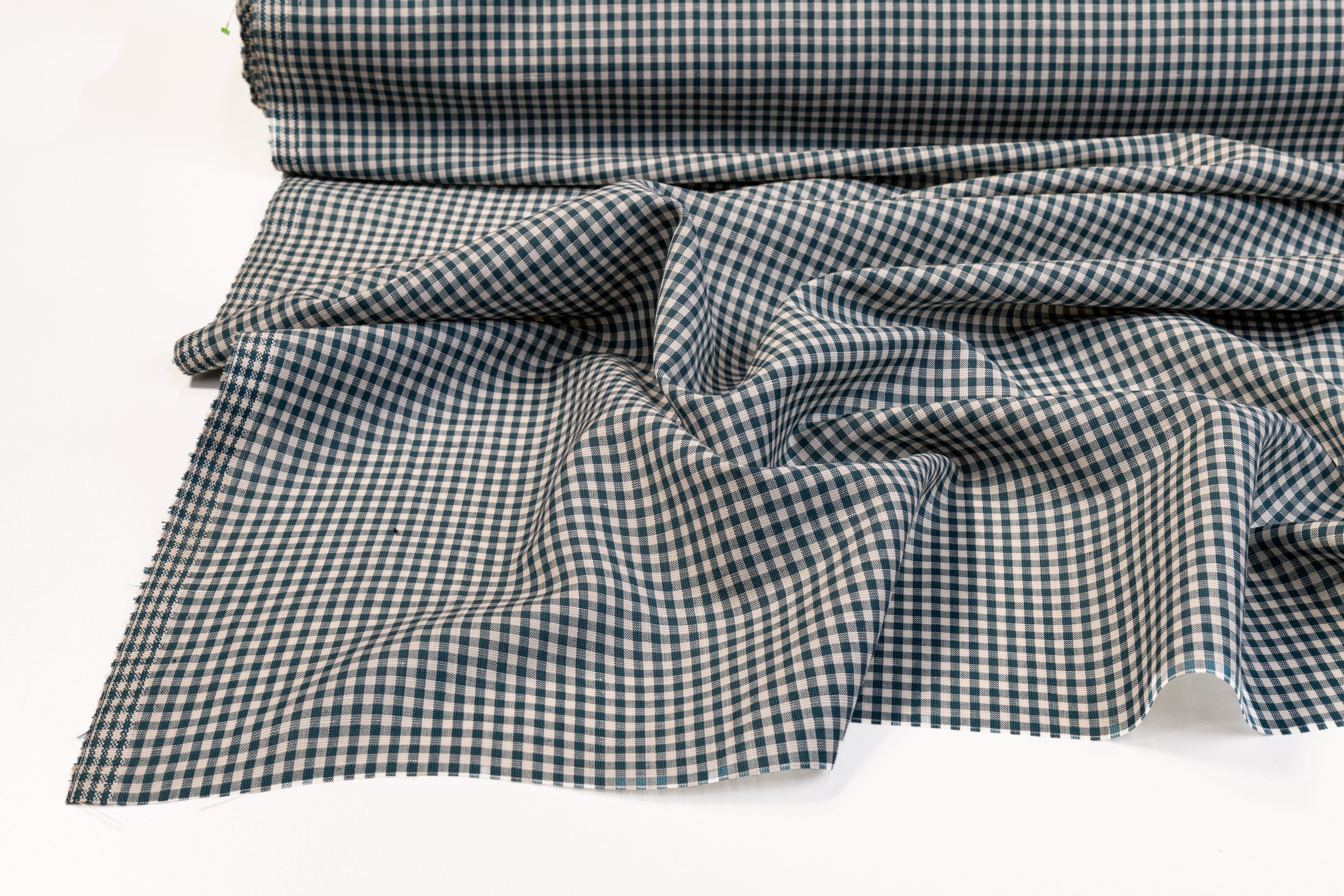 Gingham Check Italian Wool Linen Suiting - Teal and White