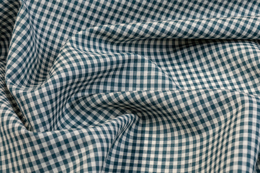Gingham Check Italian Wool Linen Suiting - Teal and White