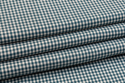 Gingham Check Italian Wool Linen Suiting - Teal and White