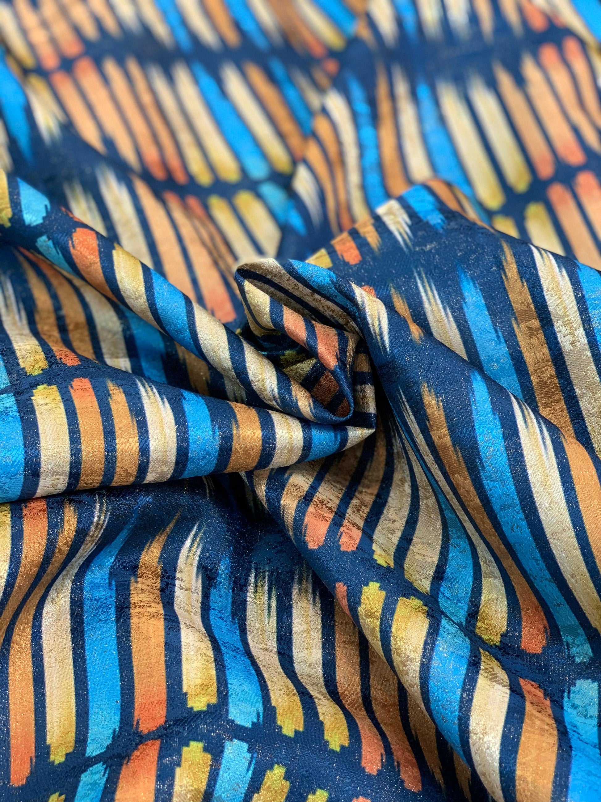 Turquoise Blue and Burned Orange Striped Metallic Brocade - Prime Fabrics