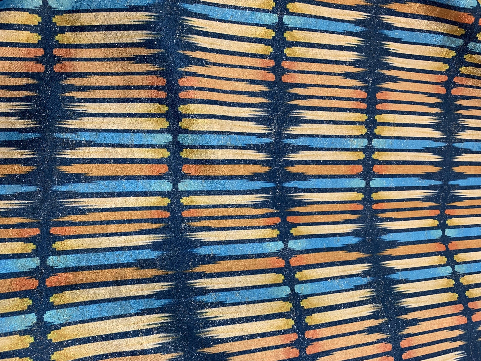 Turquoise Blue and Burned Orange Striped Metallic Brocade - Prime Fabrics