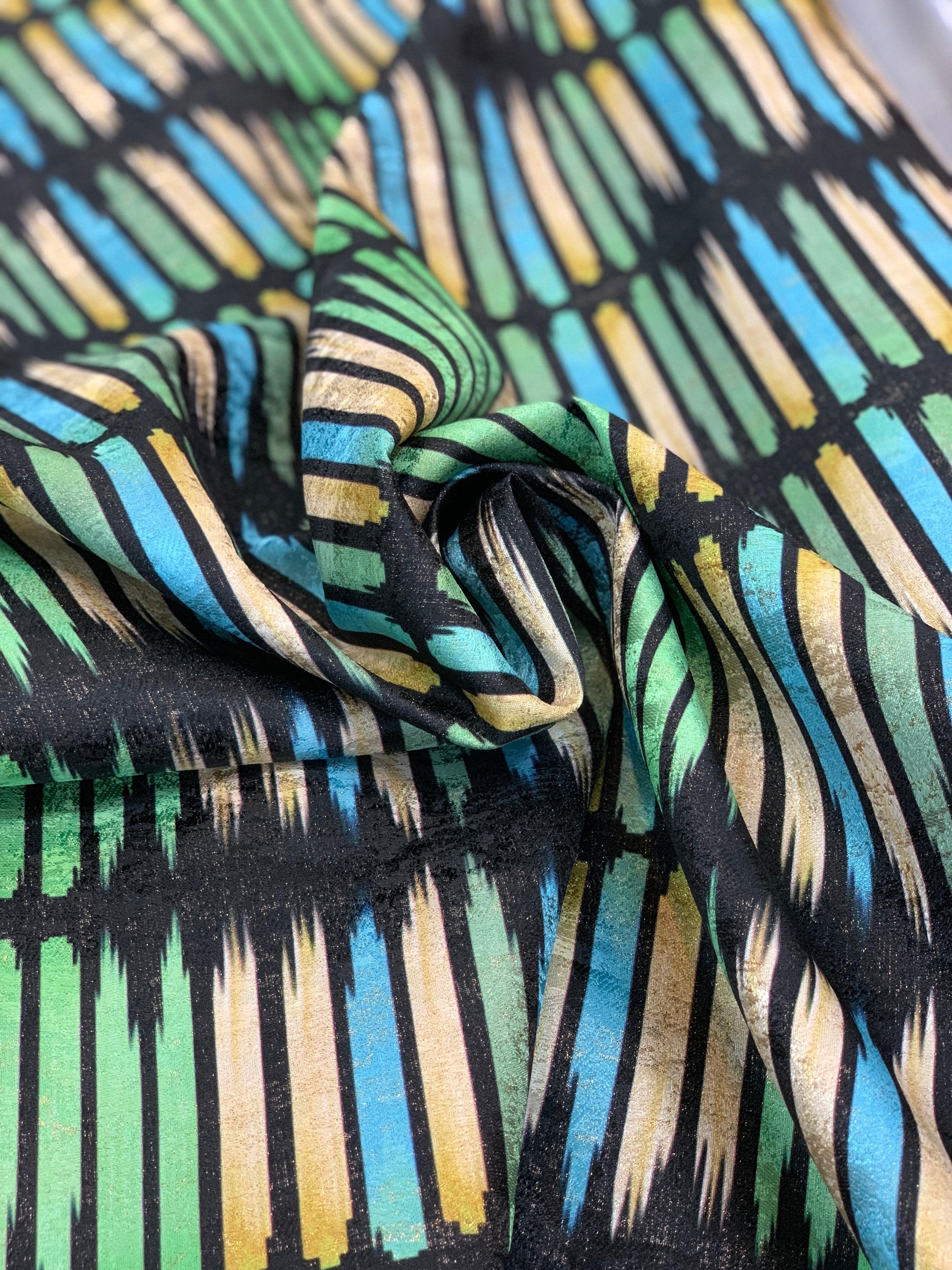 Turquoise, Lime and Yellow Striped Metallic Brocade - Prime Fabrics