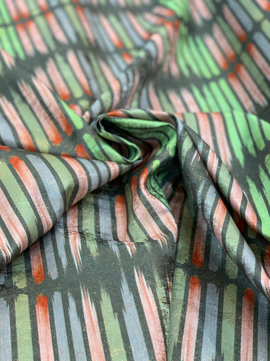 Lime, Taupe, and Red Striped Metallic Brocade - Prime Fabrics